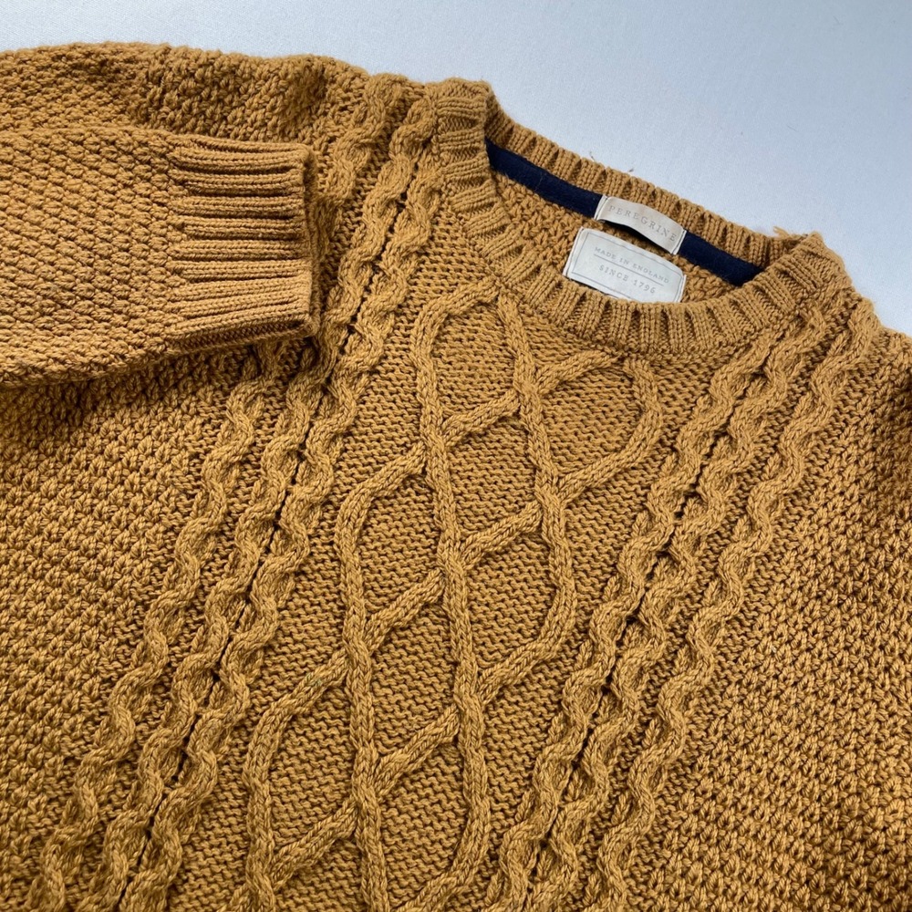 Peregrine Made in England 100% Wool Cable Knit Sweater Mustard Yellow Large